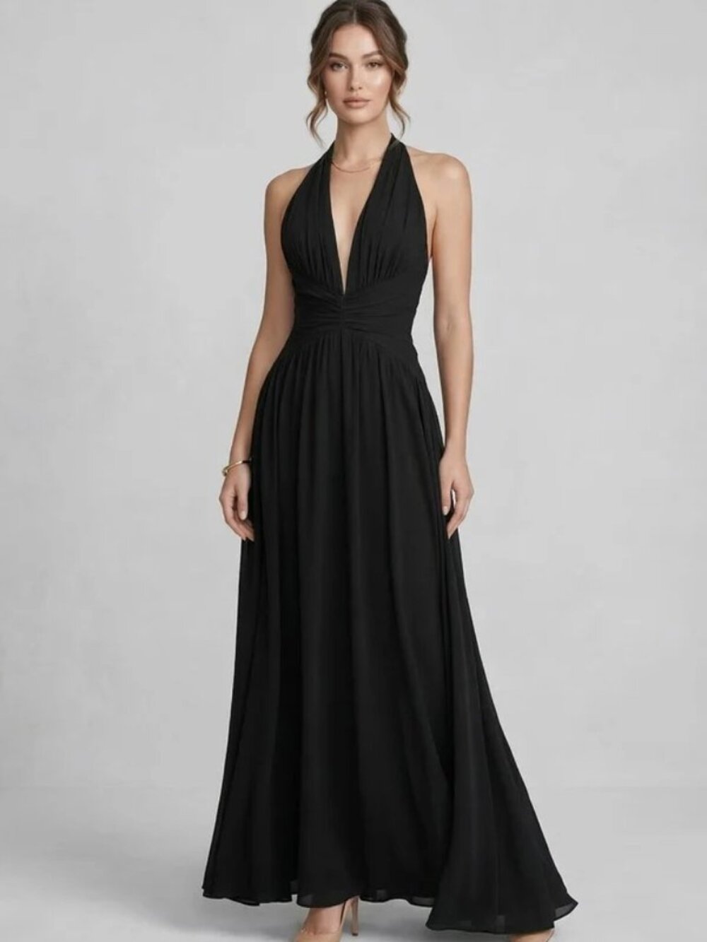 Pleated halter-neck chiffon empire banded waist maxi dress size L